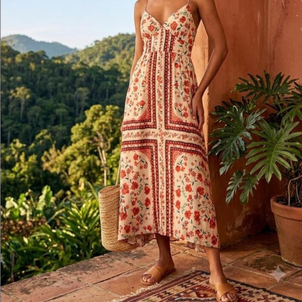FARM Rio Cream Maxi Dress with Red Floral Motif